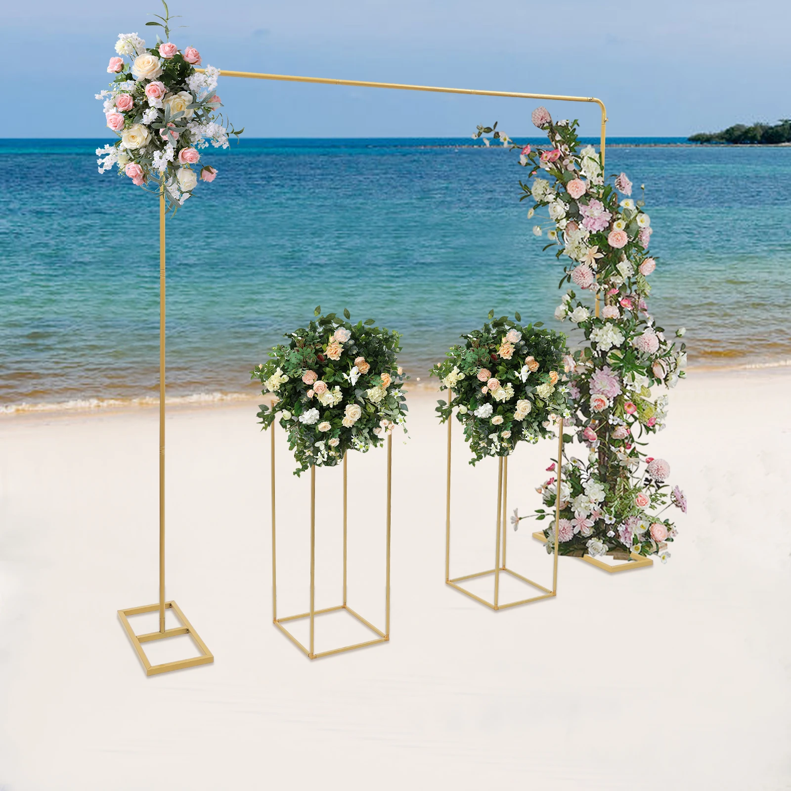 2x2m Balloon Arch Stand with 2 Flower Stands, Metal Wedding Backdrop Stand Set for Party Ceremony Photo Booth Decor (Gold/White)