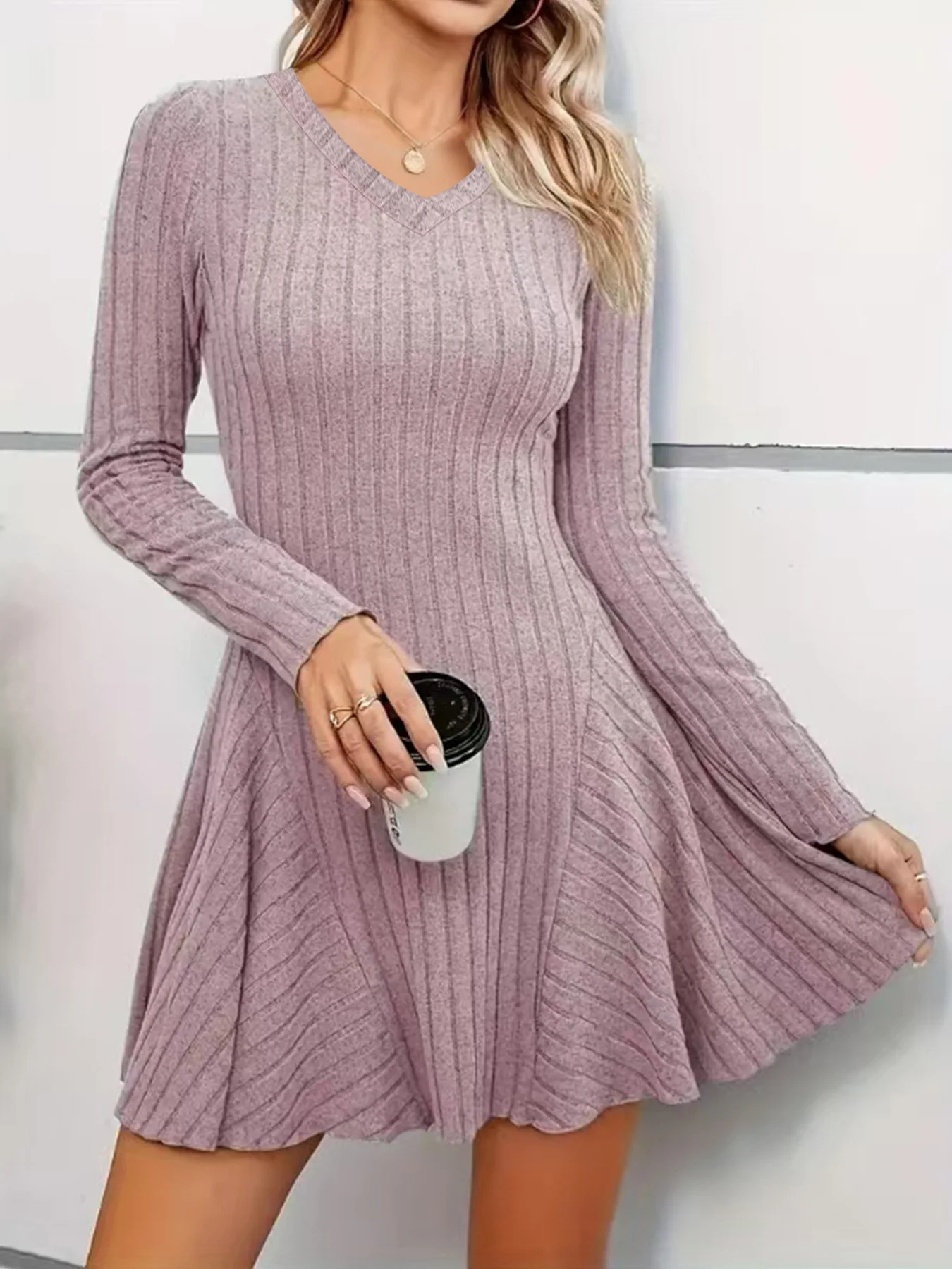 

2025 Winter Knitted Dress Women Long Sleeve A-Line Slimming Midi Dress Cozy Casual Knit Sweater Dress Office Party Chic Tops