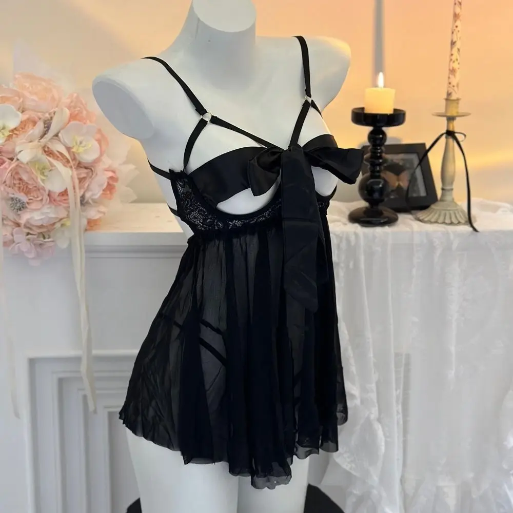 

Pajamas Bowknot Lace Nightgown Hollow Women Lingerie Camisole Nightwear Sweet Transparent Mesh Nightdress Home