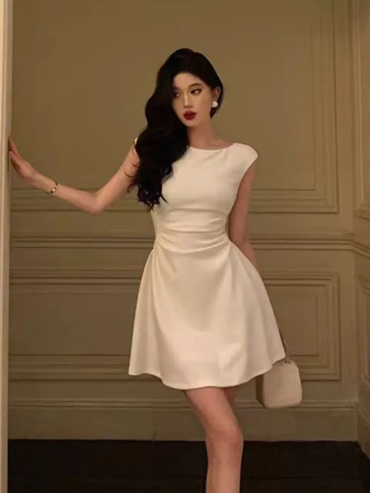 

French Vintage Slim Women A-Line Dresses New Elegant Sleeveless Waist Folds Mini Dresses Party Evening Princess Gown Vestidos