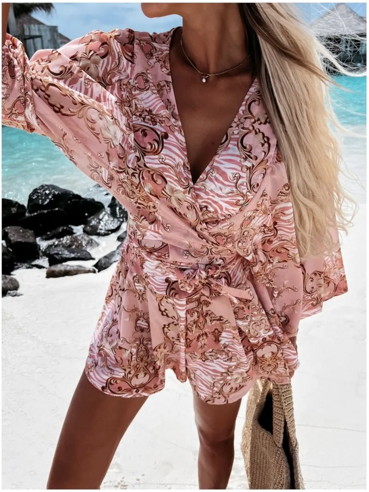 Spring Summer Boho Women Jumpsuit Fashion Deep V Neck Lantern Sleeve Casual Print Rompers Shorts Women\'s Elegant Jumpsuits New