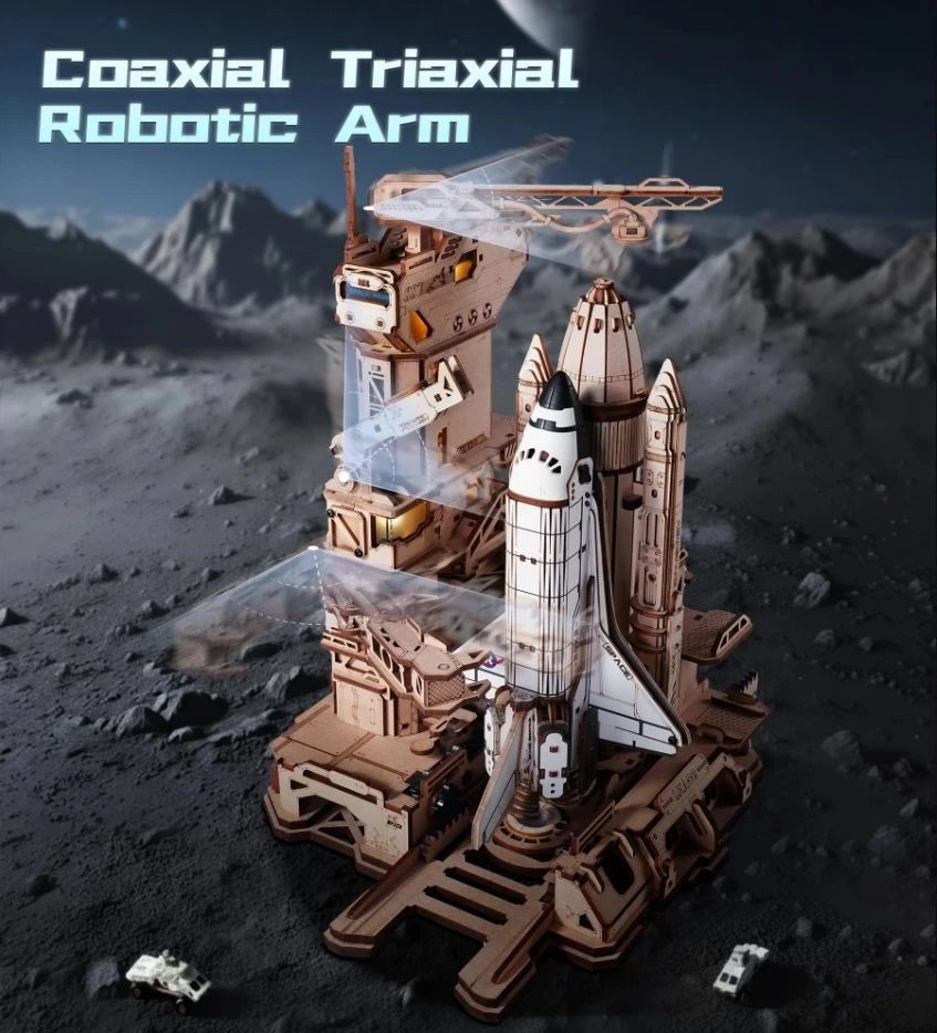 Robotime Space Shuttle 3D Wooden Puzzle Moving Rocket Launch Tower with Lights Mechanical Building Project for Adult Teen