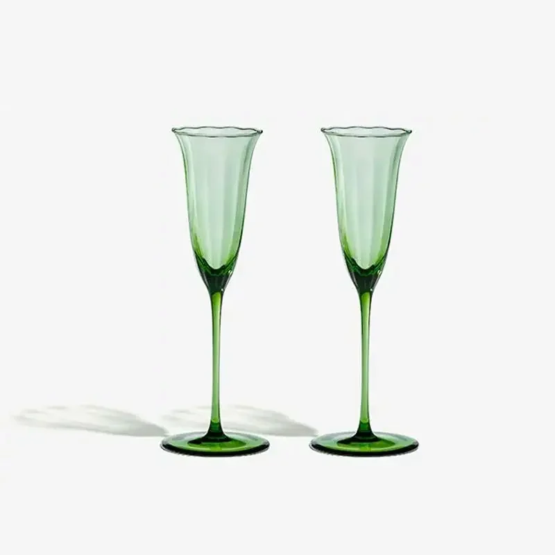 Nordic Retro Flower Crystal Wine Glasses Set Ribbed Pink Green Champagne Cup Goblet Cocktail Martini Glass for Home Decor