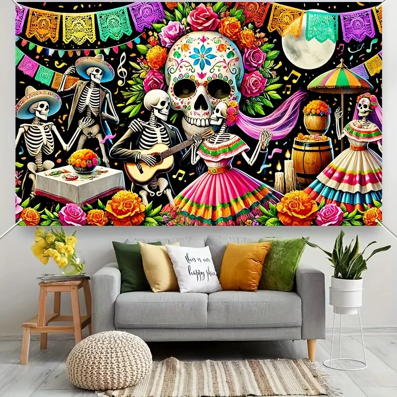 Day of the Dead Sugar Skull Skeleton Mariachi Flowers Tapestry Mexican Culture Wall Art Party Decor Vibrant Folklore Background
