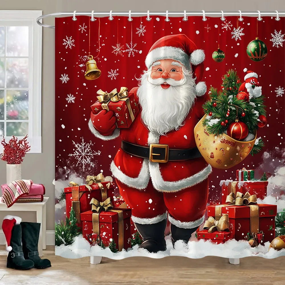

Christmas Snowman Shower Curtain Pink Candy House Santa Claus Christmas Gift Polyester Shower Curtains Bathroom Decor With Hooks