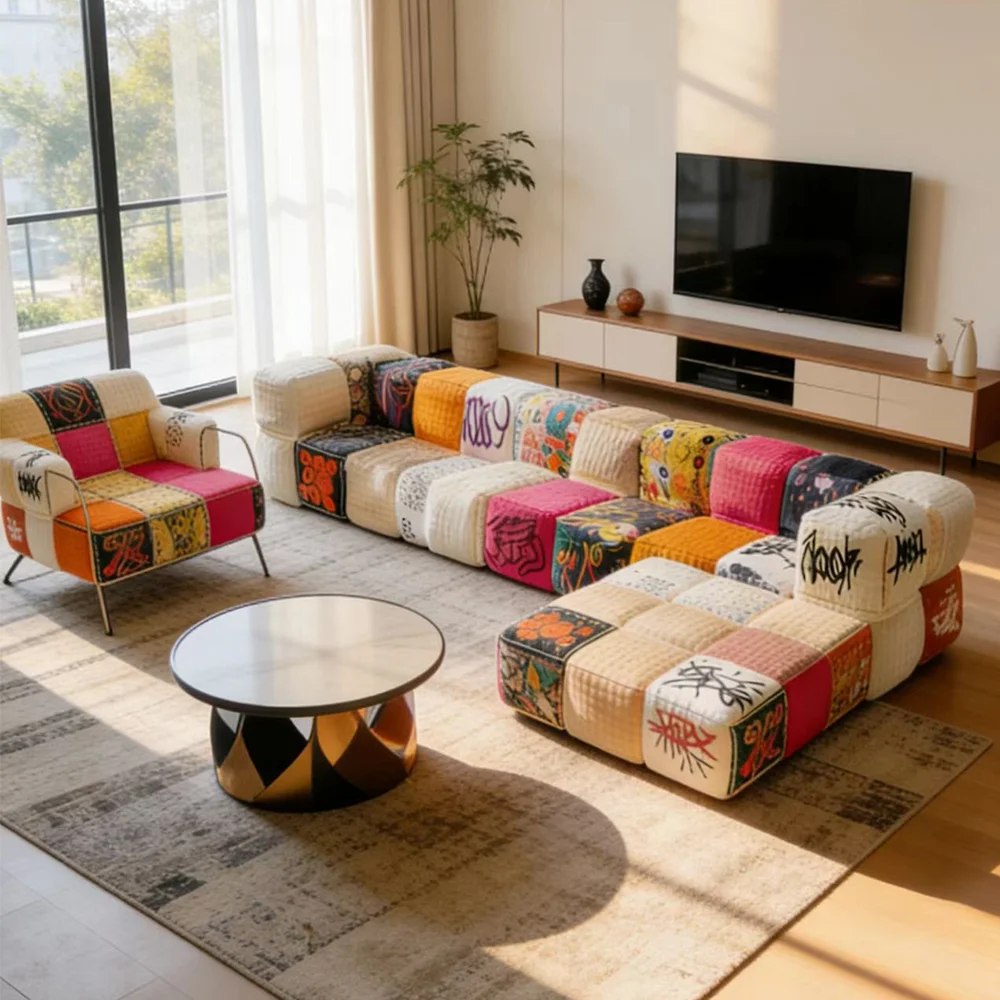 Modern Fabric Club Sofa Chair Color Block Patchwork Comfortable Accent Seating for Office Study Living Room
