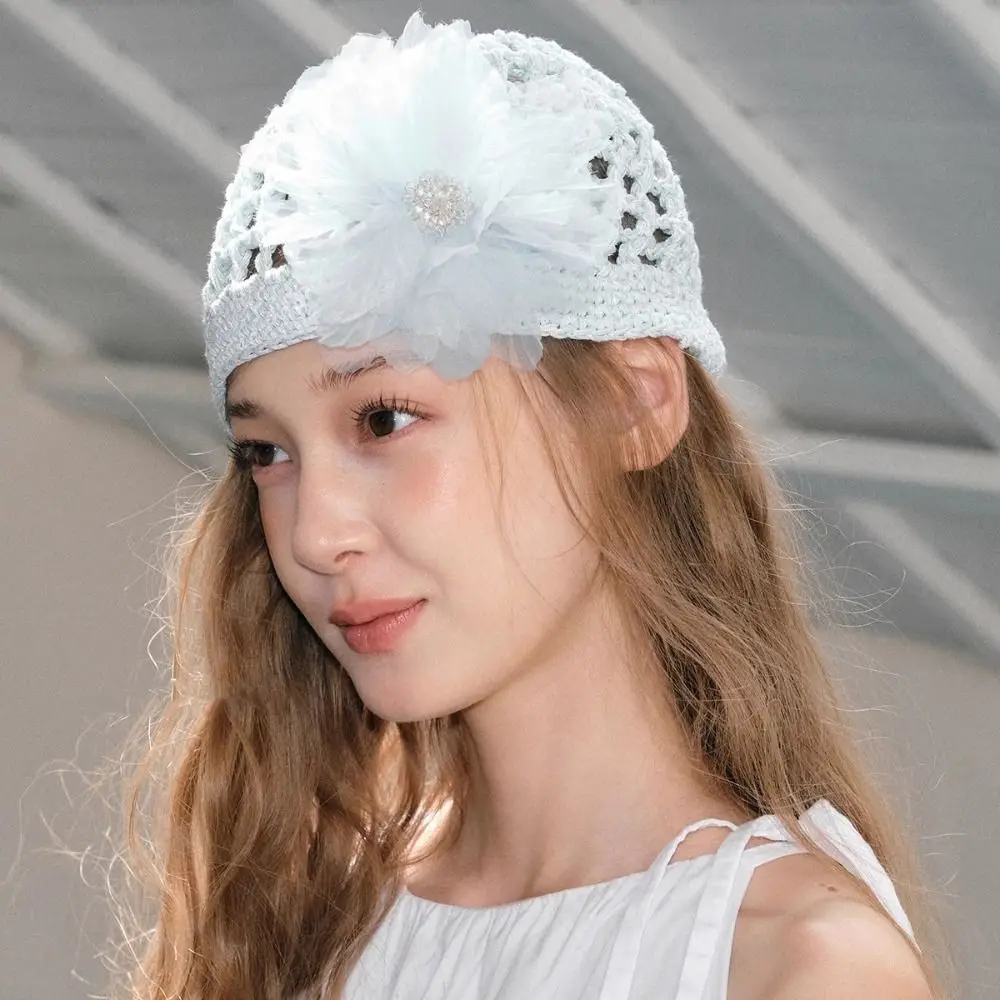 

Retro Handmade Crochet Flower Hat Bohemian Style Thin Beanies Hat Ethnic Style Korean Weave Cap Spring and Summer