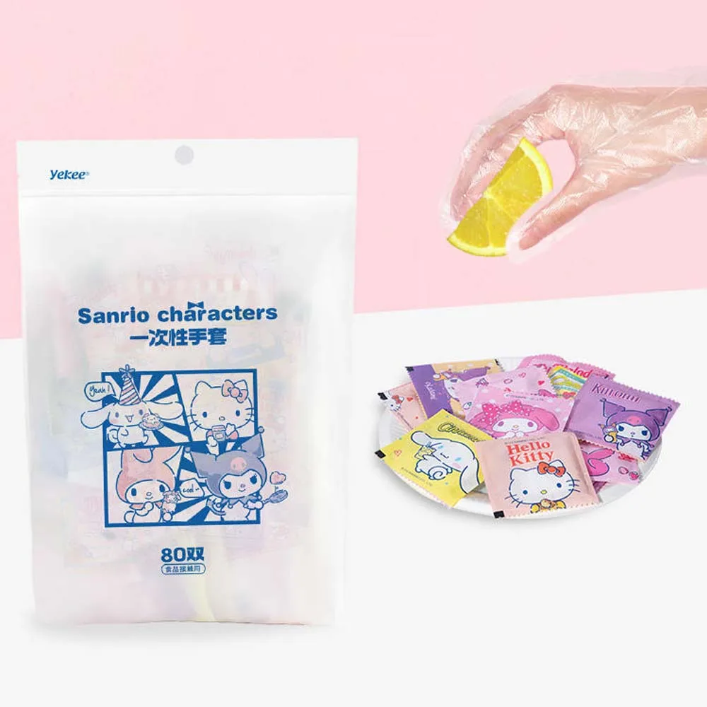 Sanrioed Anime Cartoon Cinnamoroll Kuromi My Melody HelloKittys Disposable Food Gloves Kitchen Cleaning Transparent Gloves