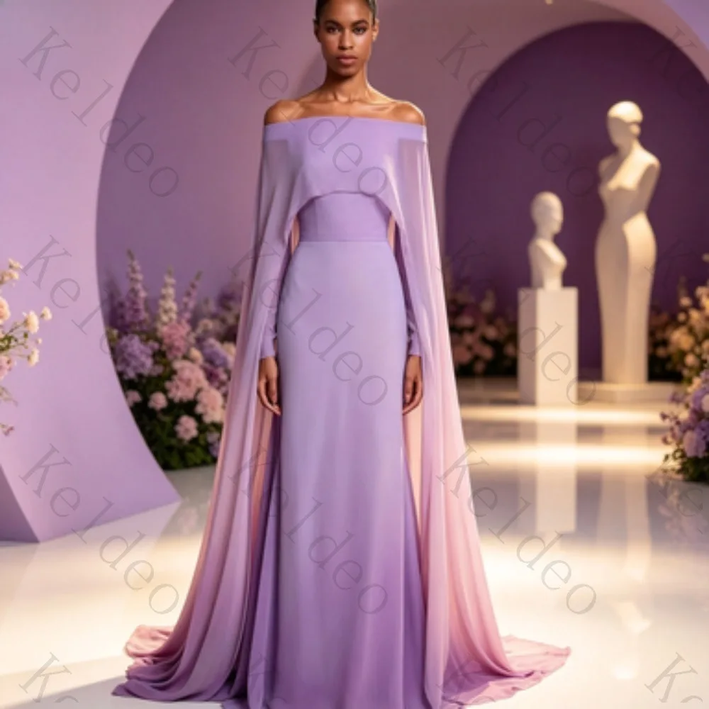 Customized Women Off Shoulder Gradient Purple Mermaid Evening Dress Chiffon Long Cape Sleeve Floor Length Formal Gown Prom Maxi