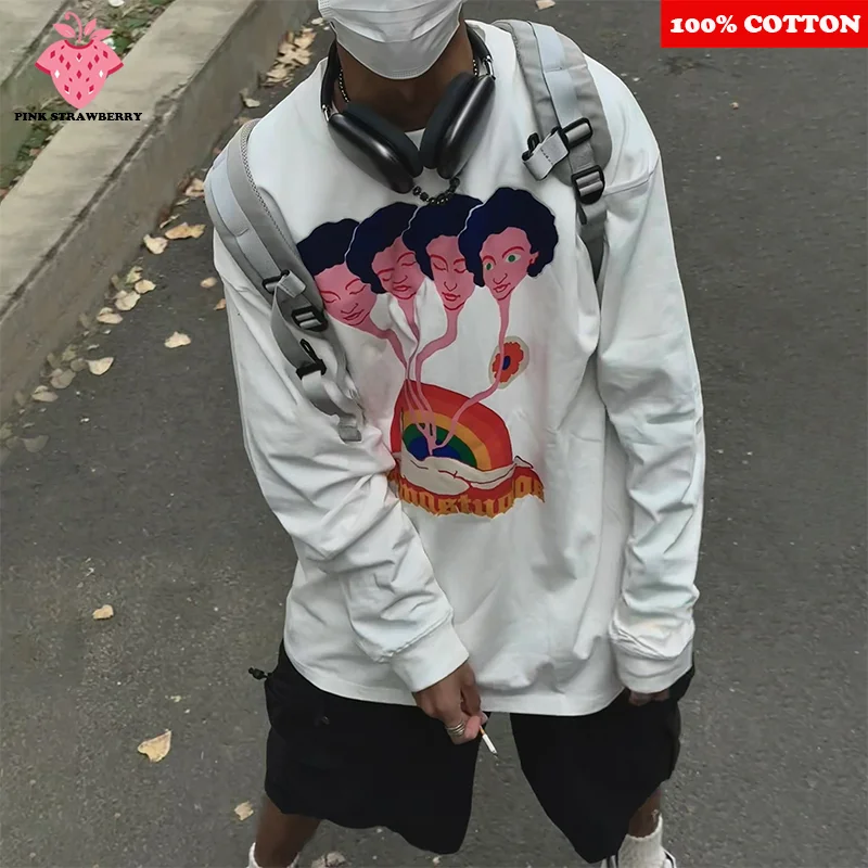 

Fashion Brand Long sleeve T-shirt Men Autumn 2025 New 100% Cotton American White Workout Shirt Loose Gym Y2k Top mens clothing