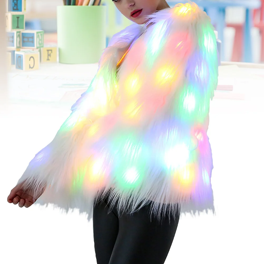 Jaket mantel LED Natal untuk wanita, mantel bulu bercahaya, jaket mantel LED Natal bersinar pendek