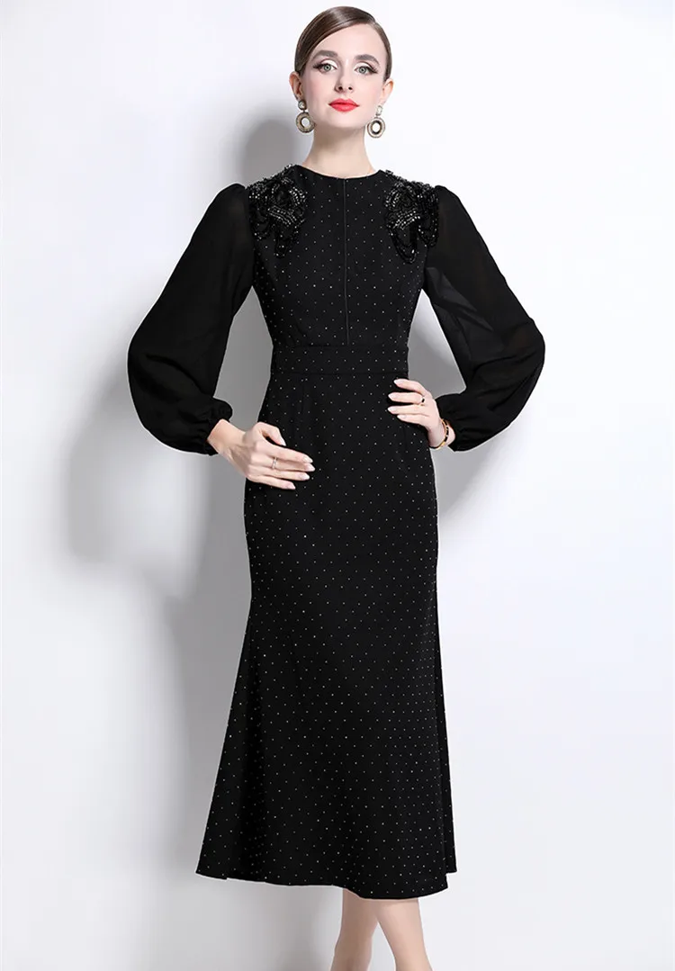 

Luxury Beaded Temperament Evening Dresses Women Elegant O-neck Lanter Sleeve Chiffon Splice Rhinestone Black Formal Dress