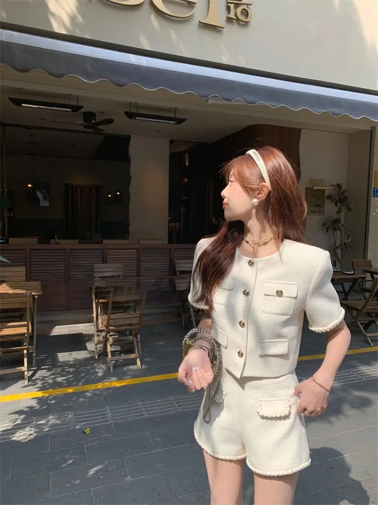 

Korean Fashion New Summer Streetwear Two Piece Skirt Sets Elegant O Neck Short Sleeve Jacket + High Waist Shorts Tweed Outfit