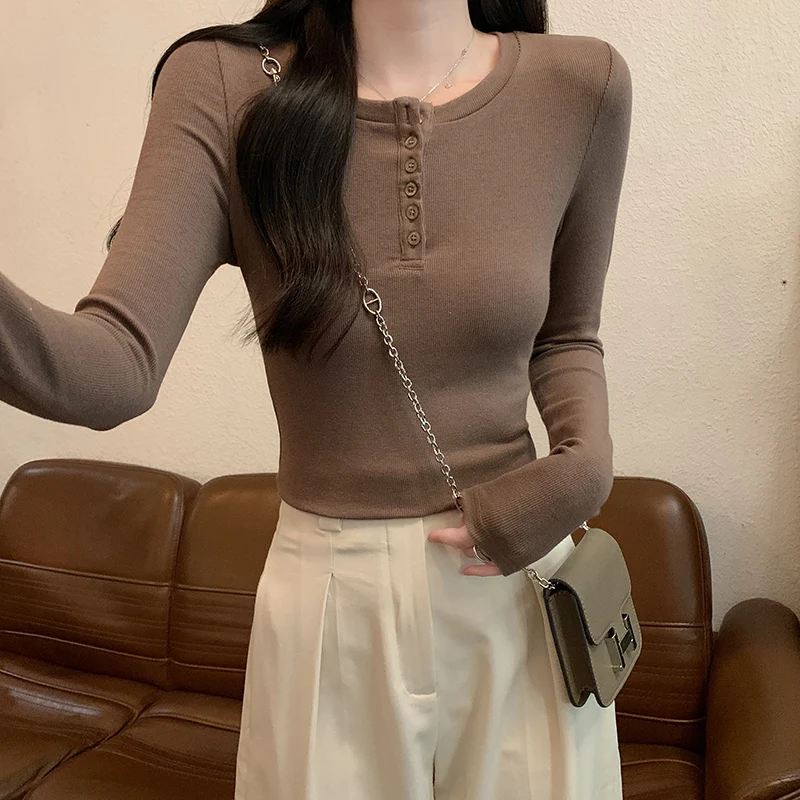 T-shirts met lange mouwen Katoen Dames Lente Gelaagde plooi Overzicht Ronde hals Ruche Student Uniform Delicaat Veelzijdig Vrouwelijk OL