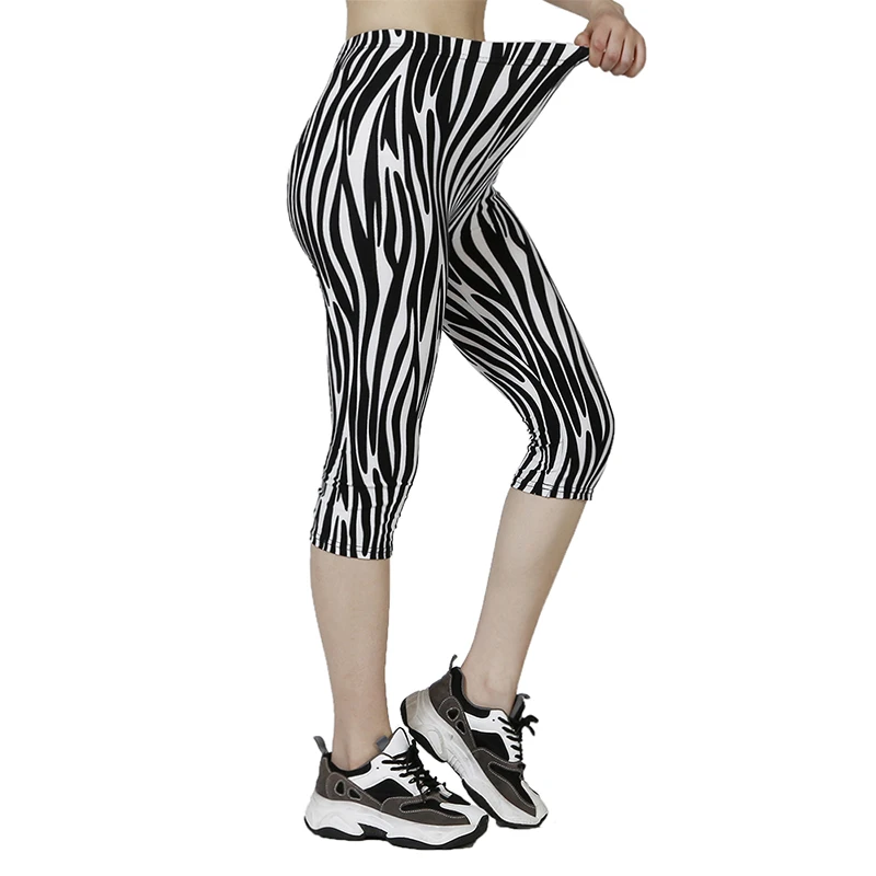 QR53 Cropped Pants with Irregular Stripes Printed Leggings, Fitness Calf Length Leggings, Sports Stretch Short Sportswear