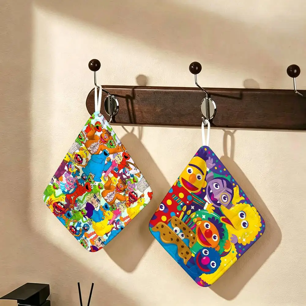 Anime Cartoon S-Sesame S-Streets Polyester Cotton Hand Wiping Towel, Hanging Design, Durable for Household Restaurant Toilet Use