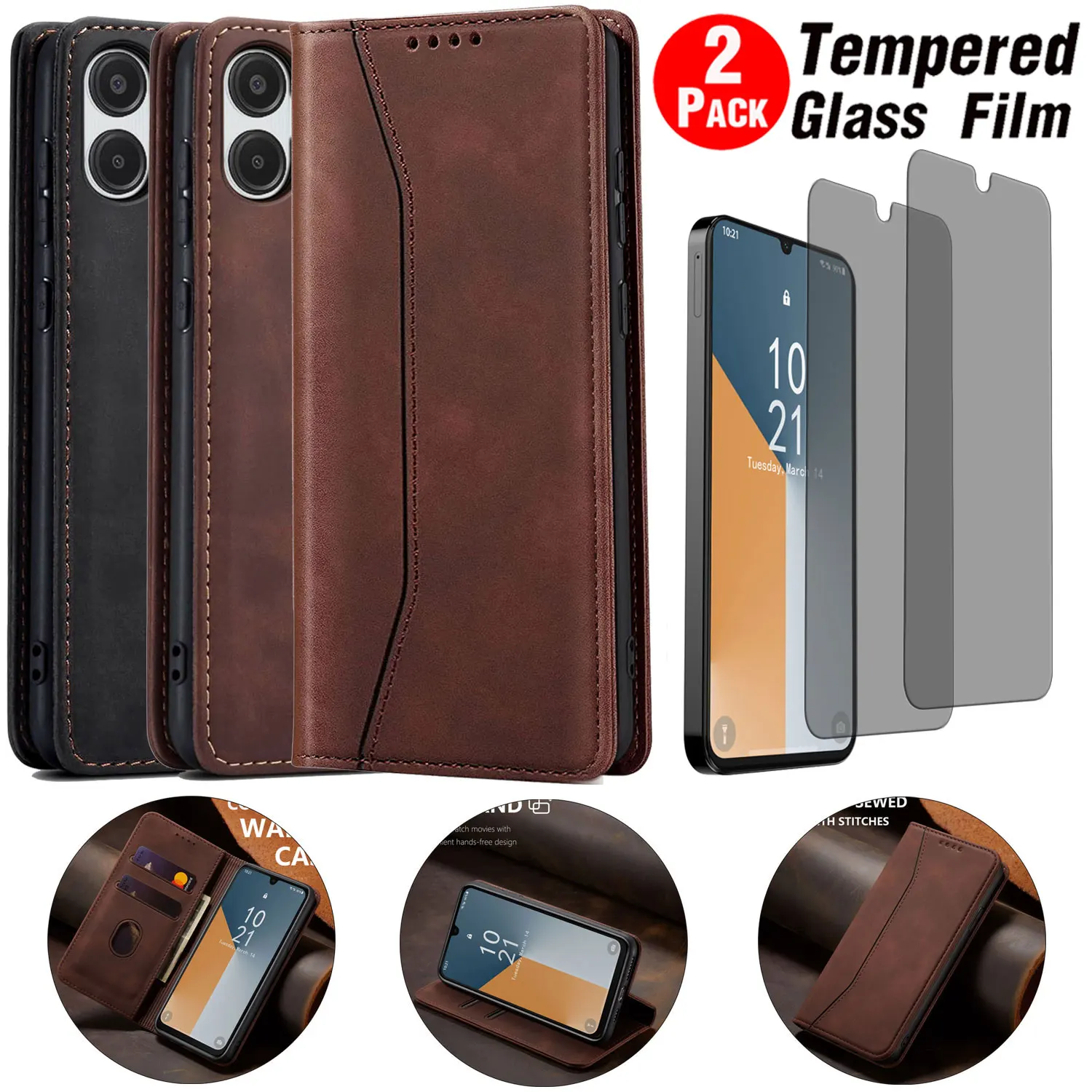 

Для Samsung Galaxy A06 кошелек из искусственной кожи, магнитный чехол с откидной подставкой + 2 шт., защитная пленка из закаленного стекла для конфиденциальности