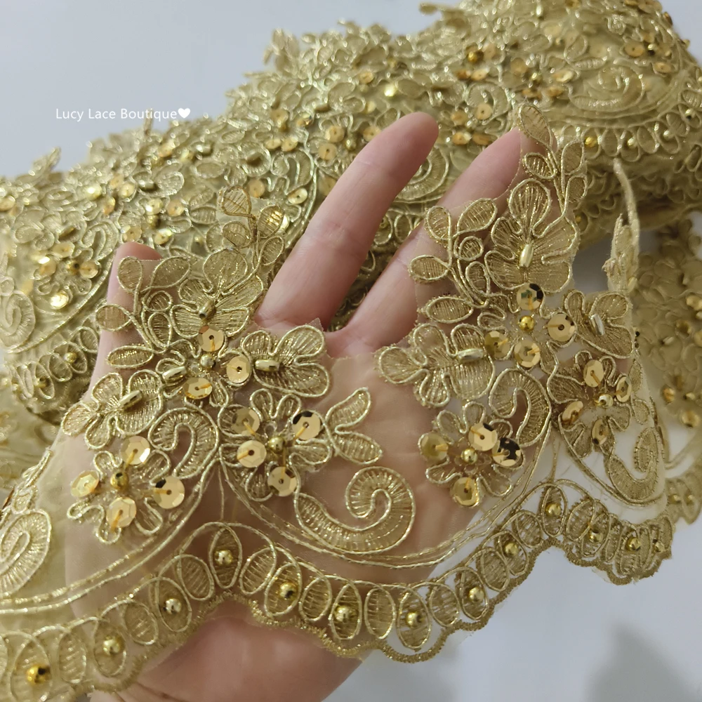13CM Wide Uniform and Costume Gold Beading Lace Trim Embroidery Beaded Organza Trim Ribbon Lace 5 Yards,1 Yard