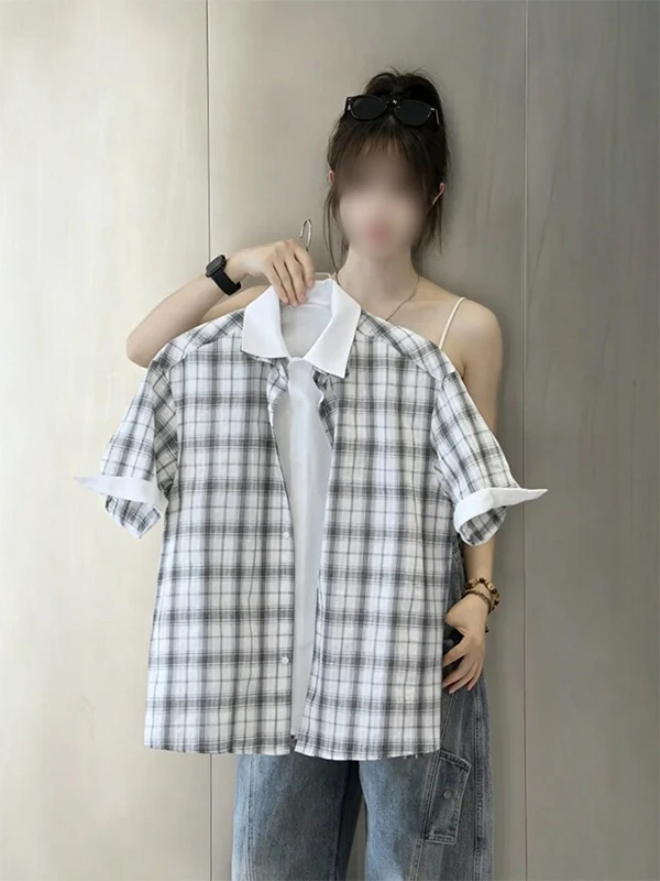 Retro American Plaid Short Sleeve Shirt Men's Women's Summer Design High Neutral Style Seven-Foot Sleeve Shirt Casual Loose Fit