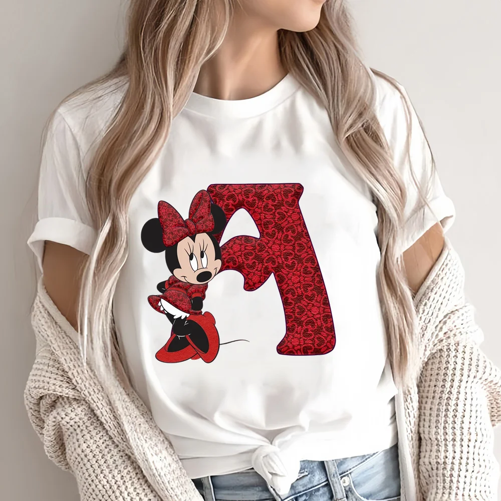 Camiseta de Disney de Hip Hop para mujer, camiseta con letras de Minnie A, B, C, D, Kawaii, informal, dibujos animados de Anime, ropa Vintage informal, Top