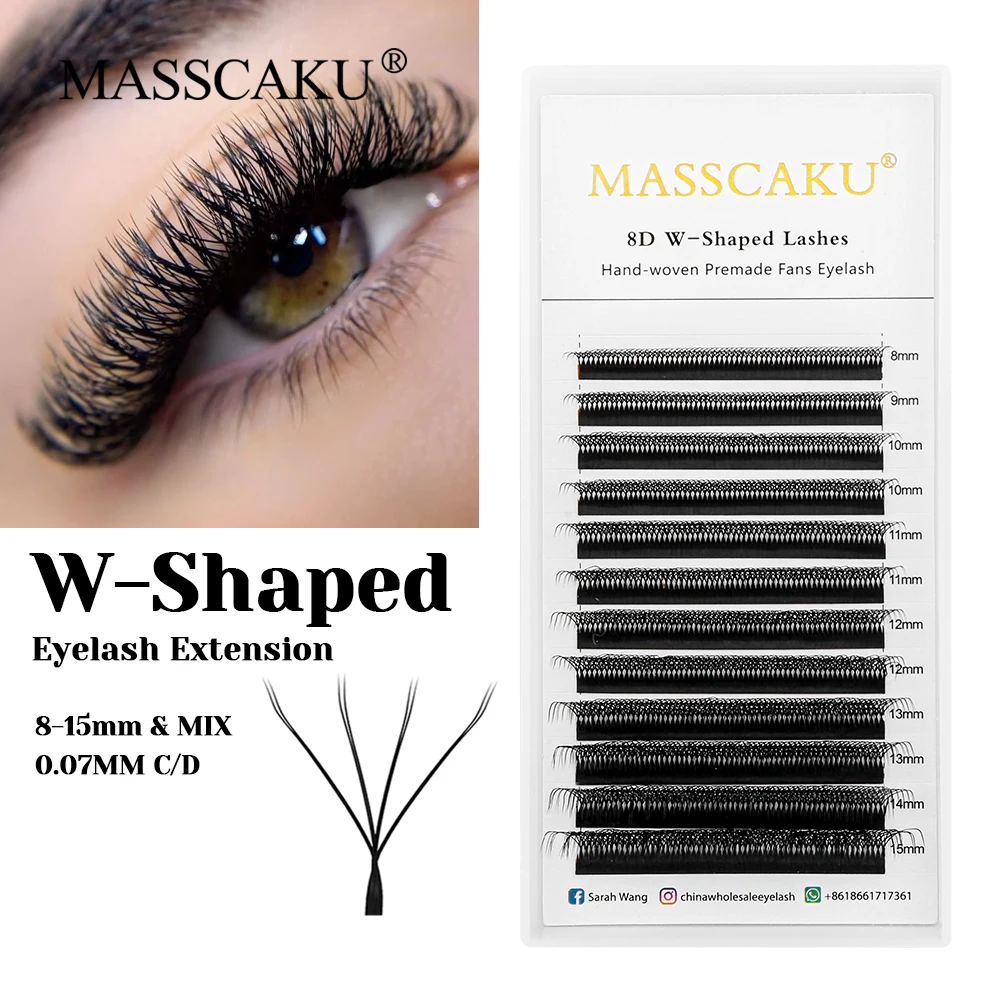 MASSCAKU High Quality C D Curl Matte Dark Black Premade Volume Fans Lashes Korean PBT Fiber W Design Eyelash for Professionals