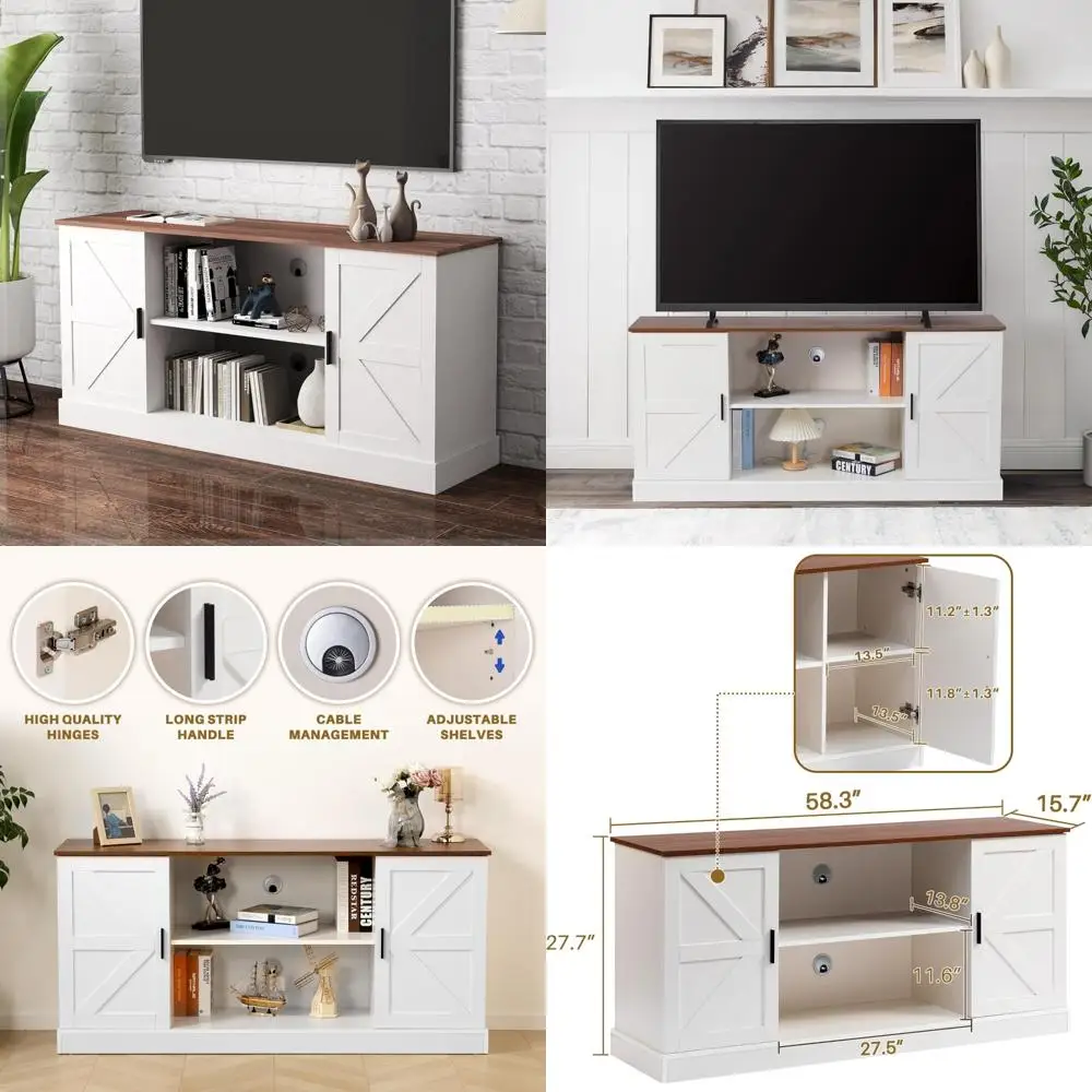 Farmhouse Style Entertainment Center for TVs up to 65 - Wood TV Stand with Storage and Adjustable Shelves