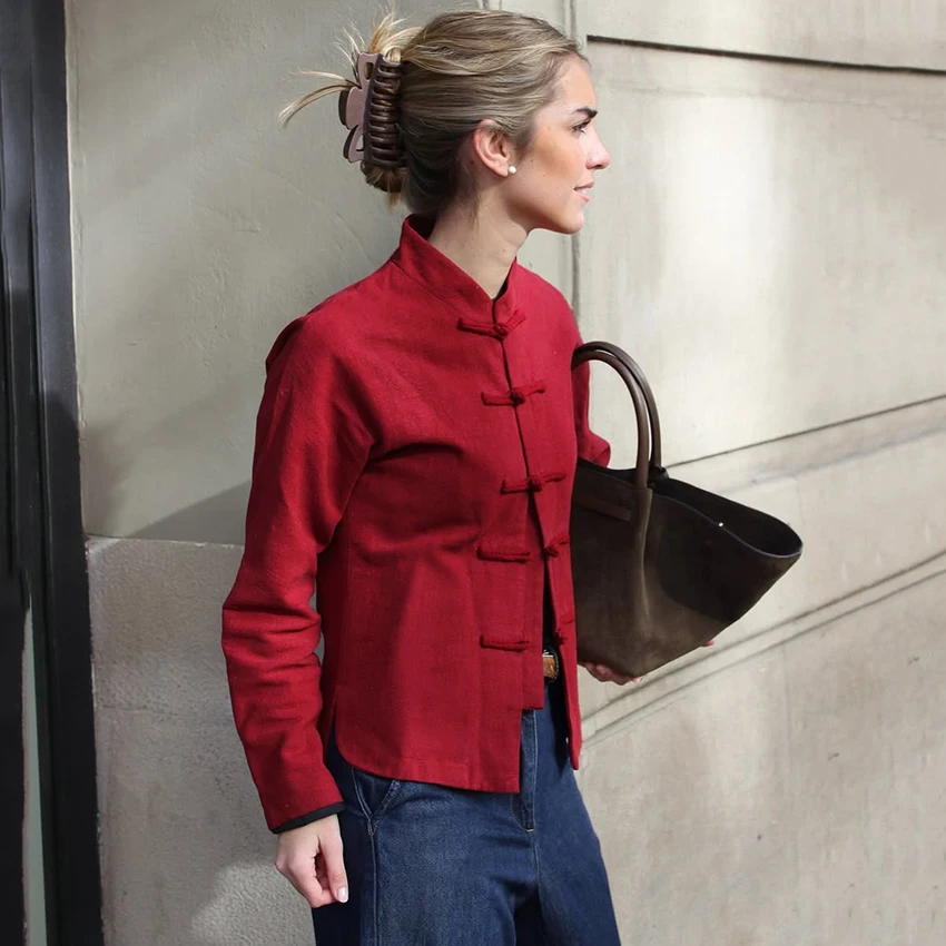 Linad Chinese Style White Single Breasted Blouse Women Summer Vintage Stand Collar Shirts Street Chic Red Long Sleeve Tops 2026