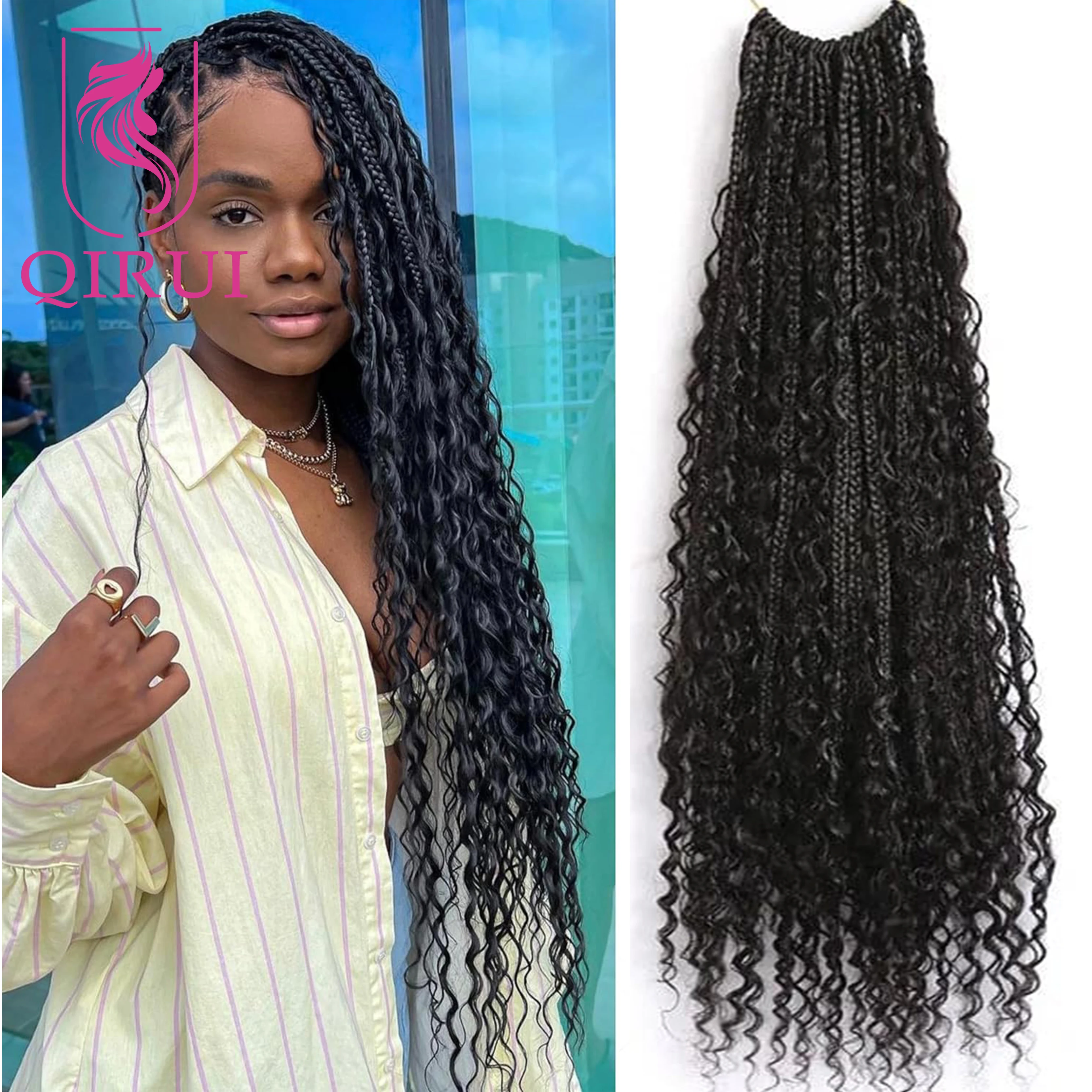 

Crochet Boho Box Braids With Human Hair Curls Pre-looped Synthetic Braid With Human Hair Curls Braiding Hair Extensions 30Inch