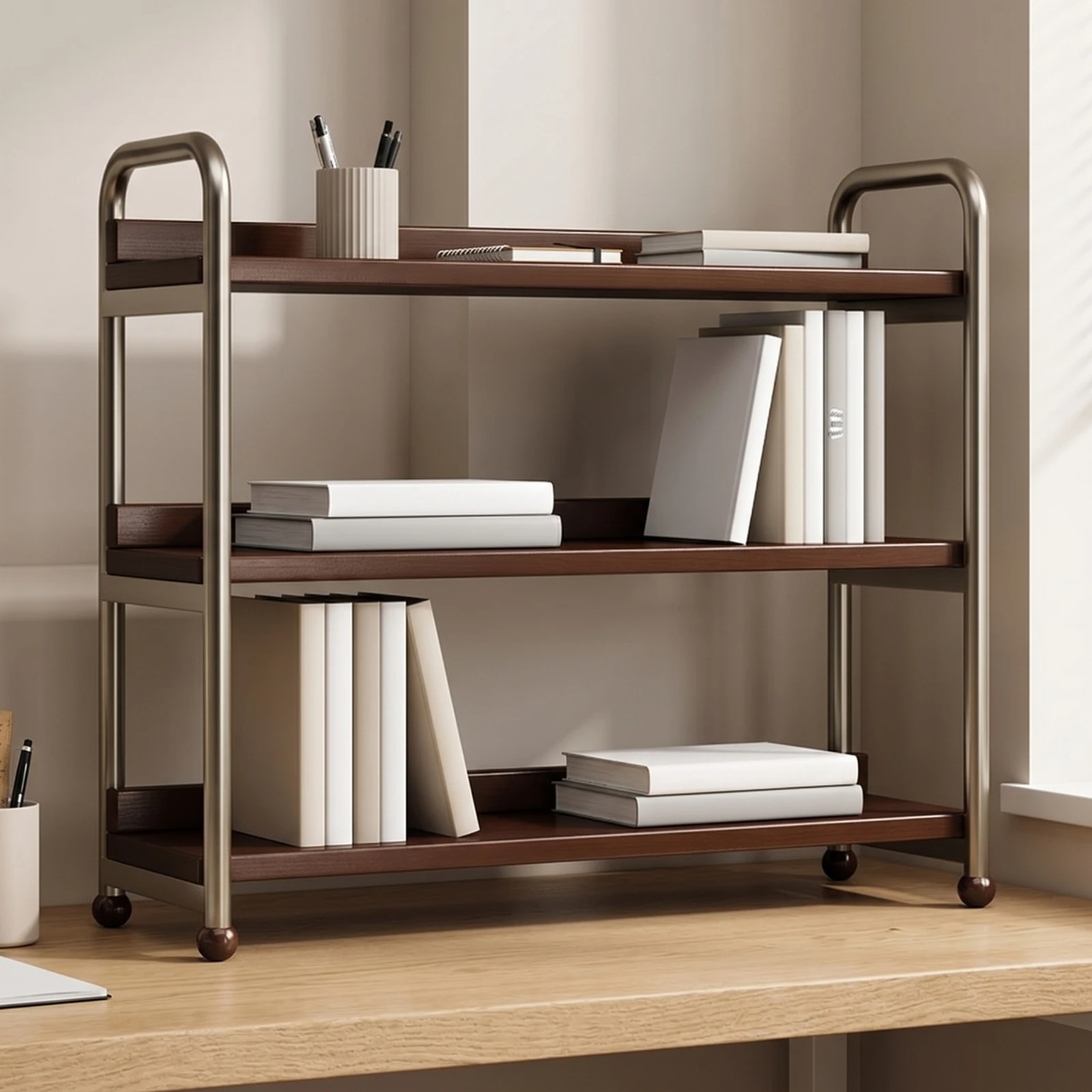 3-Tier Storage Shelf Sturdy Desktop Organizer with Metal Frame Desk Shelf Organizer Small Display Rack Long-Lasting