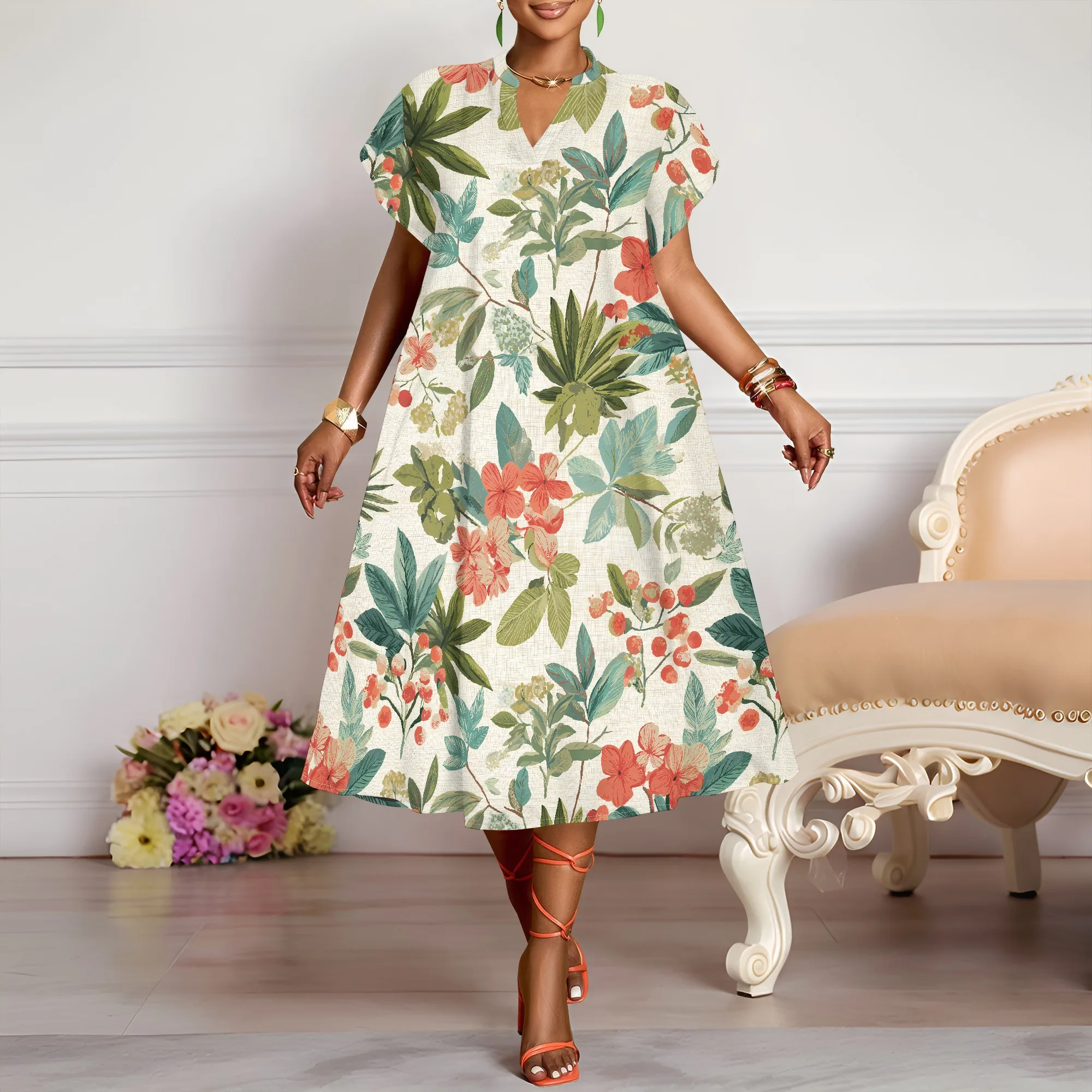 V-Neck Floral Print Dress, Short Sleeve Summer Dress, Tropical Leaf Pattern Midi Dress for Women Casual Beach Party Wear XS-3XL