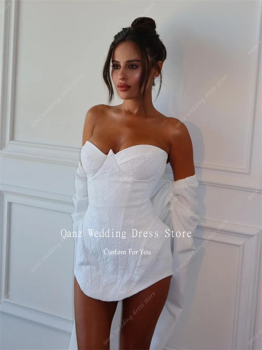 Qanz 2 pieces White Wedding Dresses For Women Sweethert Mini Bridal Gowns Shawl Short Vestidos De Novia Civil Customized