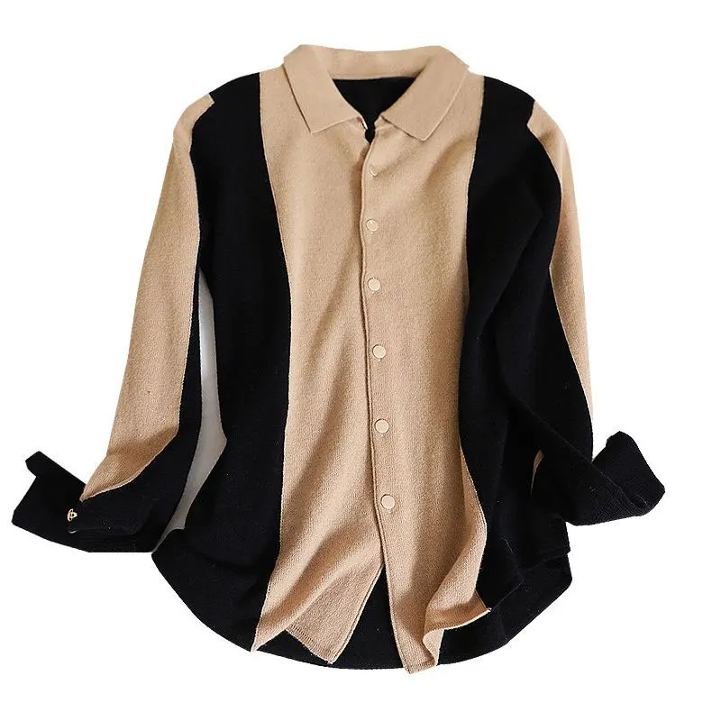 Spring Autumn New Fashion Turn-down Collar Long Sleeve Women's Clothing Cardigan Patchwork Color Blocking Button Korean Chic Top