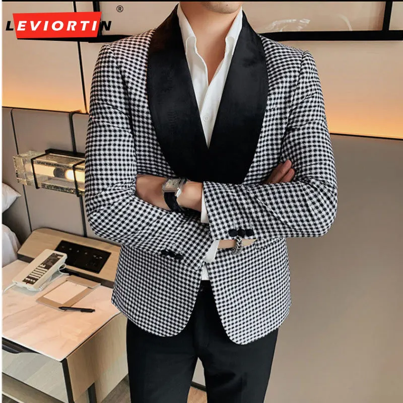 

New Premium Korean Edition Trend Thin Blue Fruit Collar Single Button Black and White Plaid Suit Coat for Men Spring and Autumn