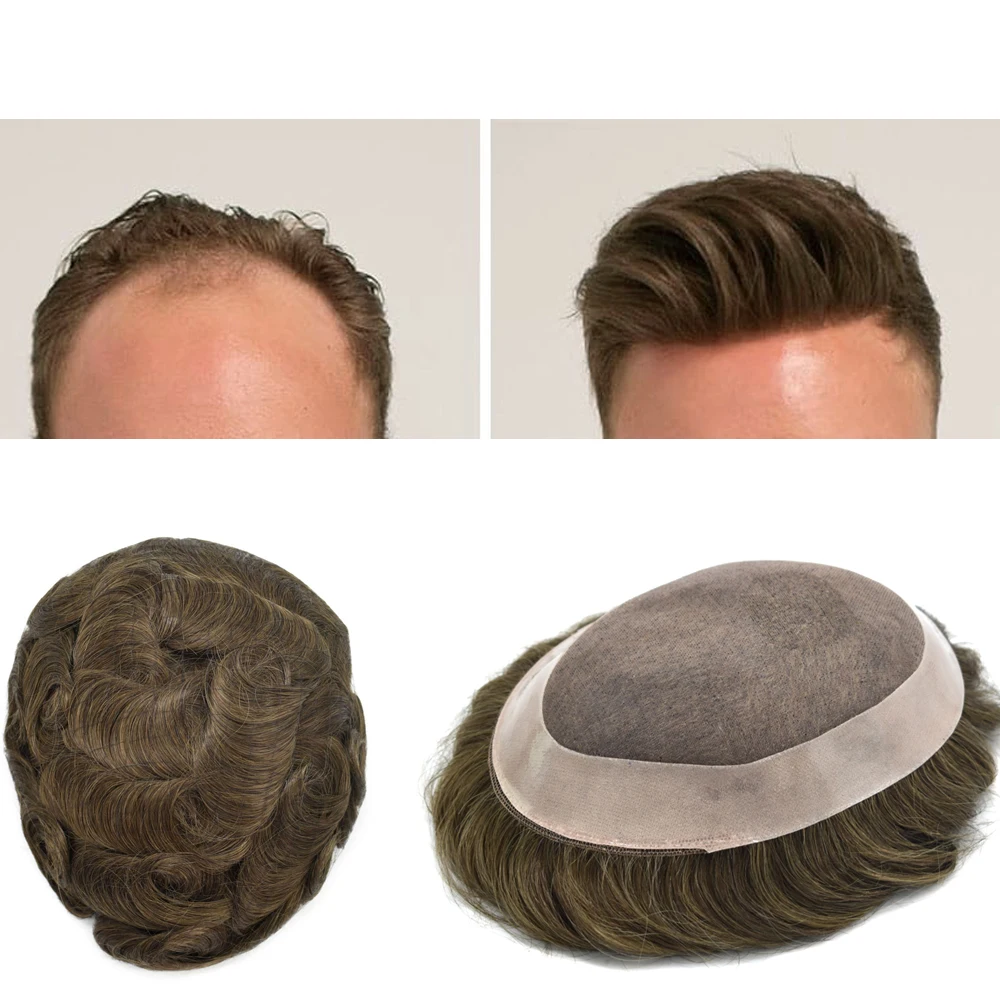 

Mens Toupee Real Human Hair Replacement System Fine Mono Hairpieces Unit Durable Poly Coating Around Toupee for Men