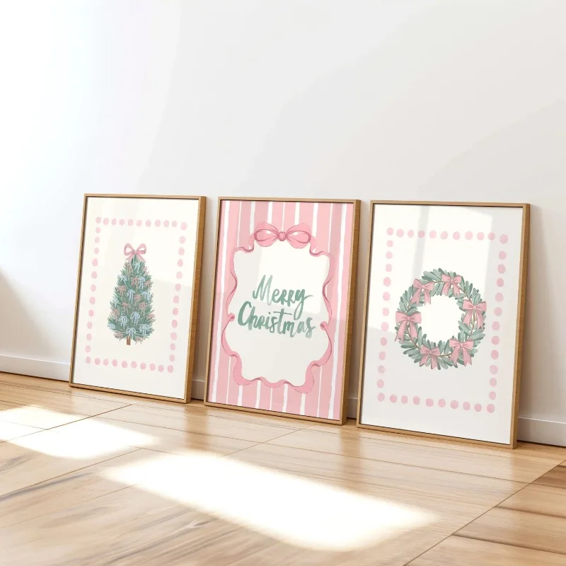 Pastel Pink Christmas Wall Art 3pcs Cute Xmas Tree Wreath Bow Prints Sweet Winter Holiday Home Ornament Unframed Canvas Painting