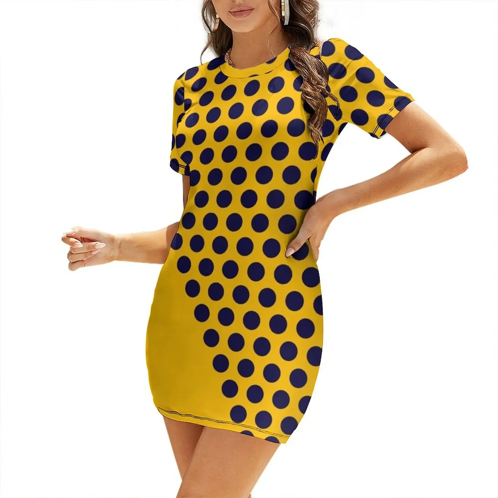 

Dot Cascade Minimalist Mod Pattern in Bright Mustard Yellow and Navy Blue Short-Sleeved Dress Casual dresses Dress