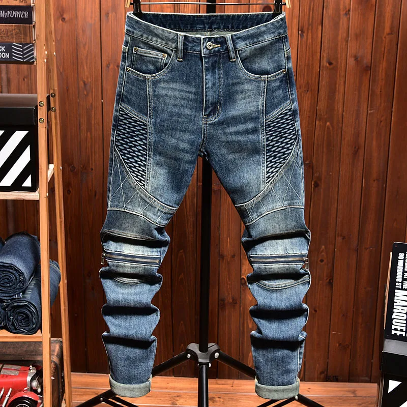 High end new men jeans with elastic zipper slim fit straight tube casual motorcycle rider washed blue patchwork jeans