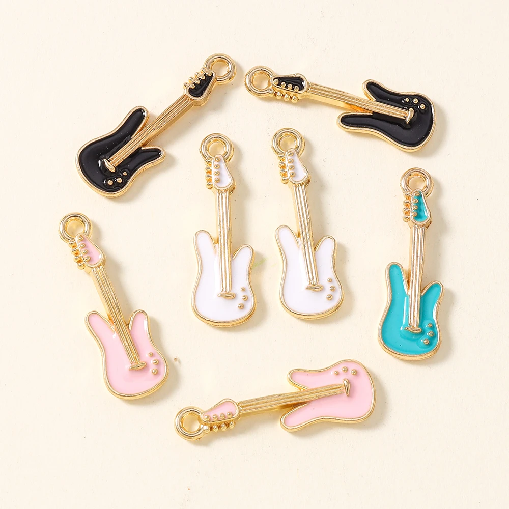 10 Stück 28*9mm Niedliche Cartoon-Musikgitarren-Anhänger Schlüsselanhänger Charms für DIY Ohrringe Halsketten Schmuckherstellung