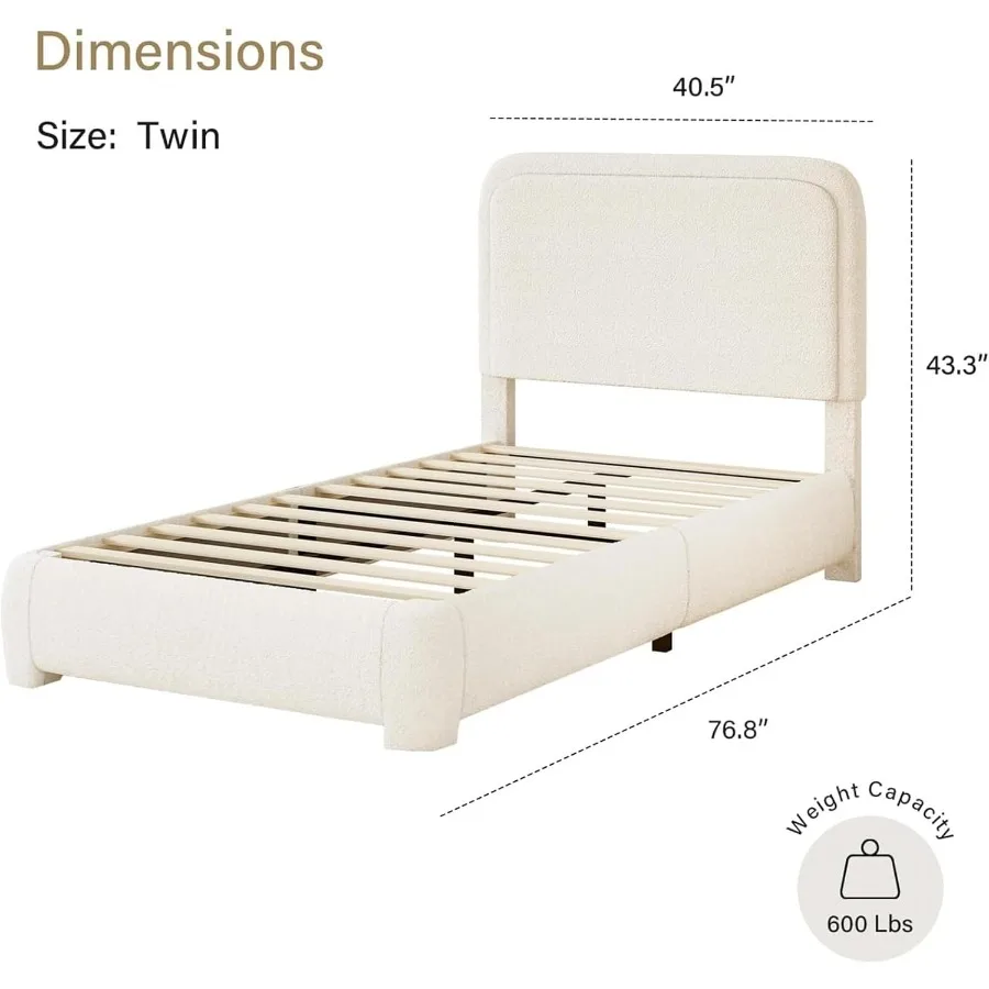 โครงเตียงขนาดทวินไซส์ ดีไซน์แบบแพลตฟอร์มหุ้มผ้าคลาวด์บุเคล พร้อมหัวเตียงสไตล์โมเดิร์นที่มีมุมโค้งมนนุ่มนวล