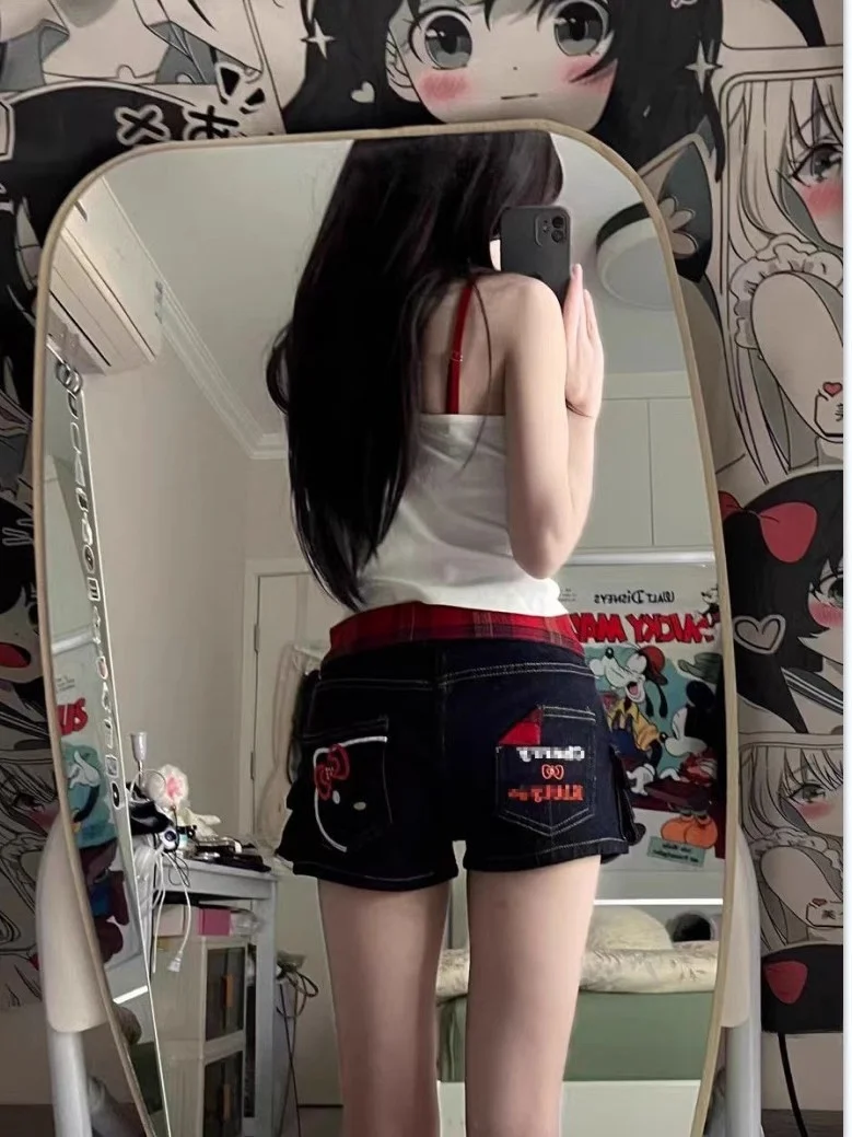 

Retro Kit Embroidered Workwear Denim orts Women Summer Spicy Plaid Patchwork Butt Covering Elastic Hot Pants