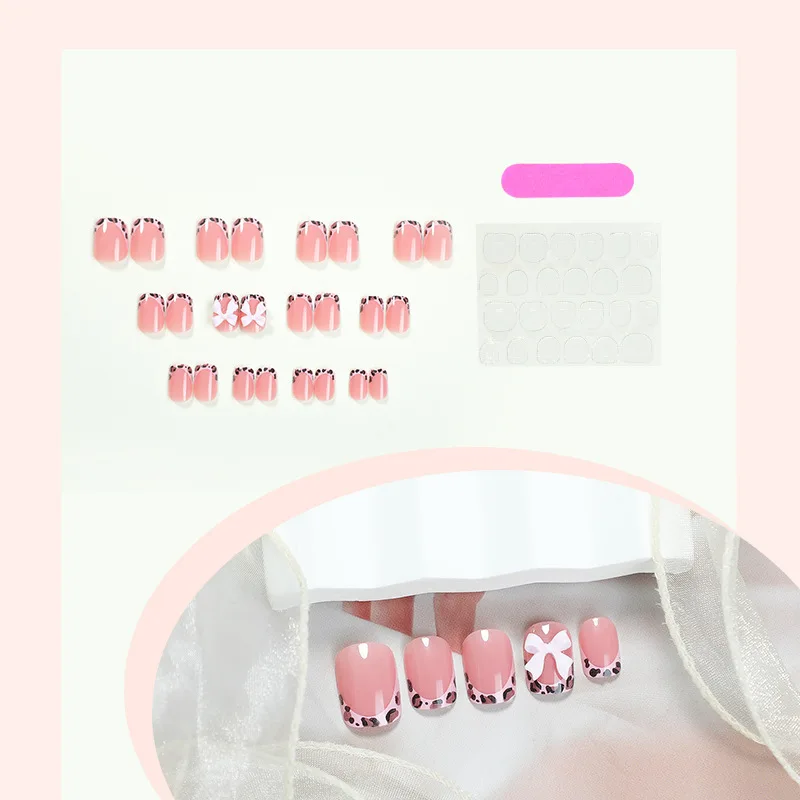 Leopard Print Press on Nails Square Bow Press On Nails Short Square False Nails French Tip Cute Sweet Acrylic Nails For Women