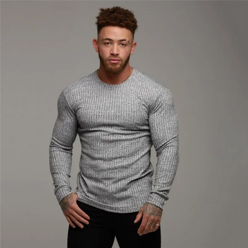 2023 Autumn Fashion Men's T-shirt Sweater O-Neck Slim Fit Knittwear Mens Long Sleeve Pullovers Tshirts Men Fitness Pull Homme