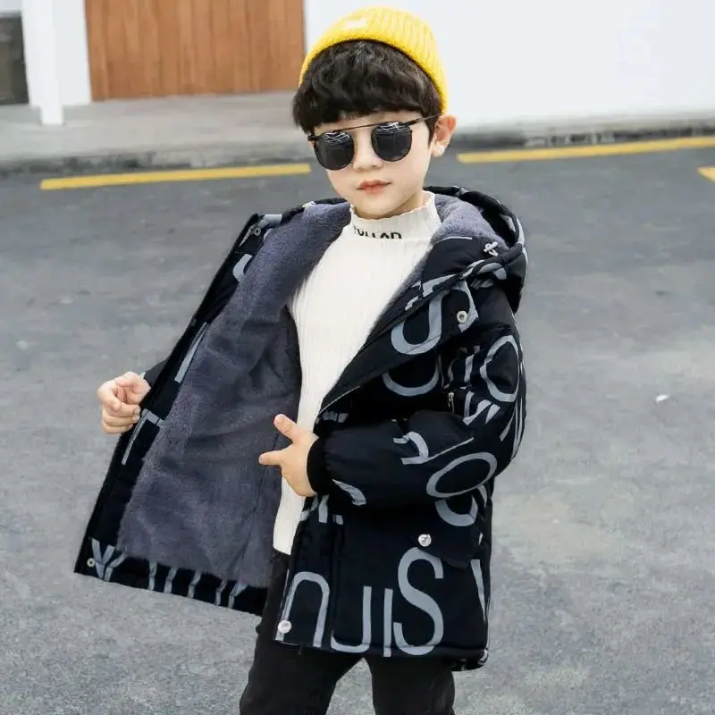 Winter Thick Warm Boys Jackets Coats Fashion Letter Print Cotton Down Jacket Hooded Windbreaker Outerwear for Children Clothes