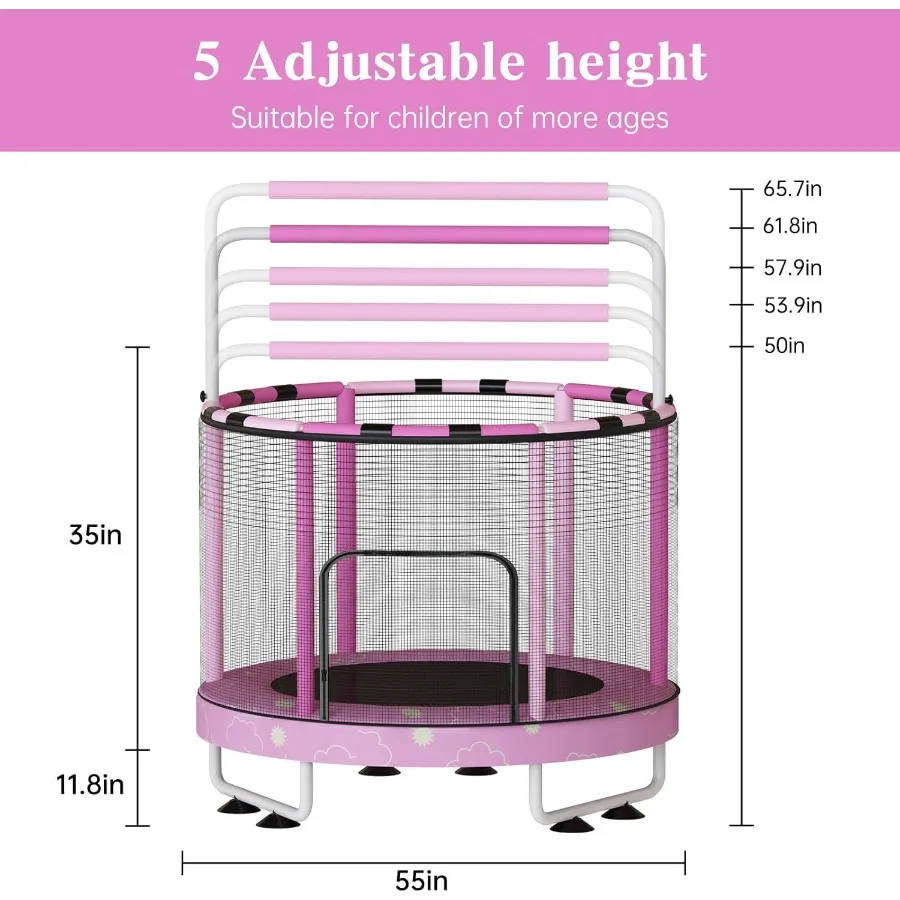 Trampolina okrągła 55 cali 7-w-1 dla dzieci w wieku 1-8 lat, do użytku wewnątrz i na zewnątrz, z regulowaną wysokością, poręczą, zamkniętą siatką ochronną, wytrzymała stalowa konstrukcja.