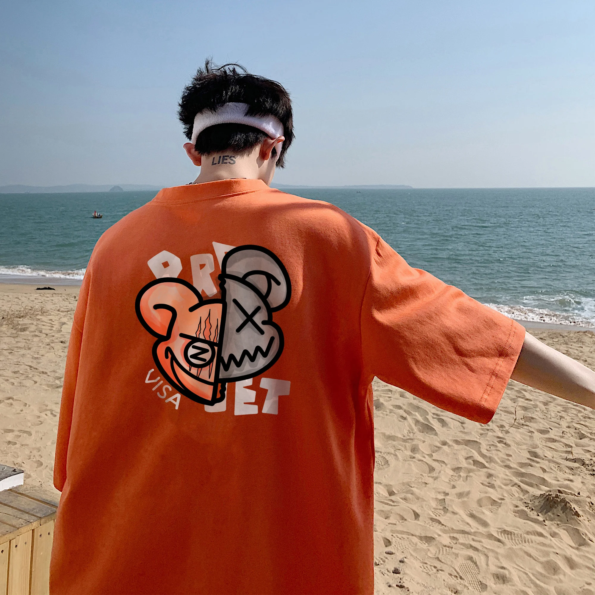 Penjualan Terlaris Musim Panas 2025 Pakaian Pria Wanita Uniseks Jepang Leher Bulat Longgar Trendi Pria Kualitas Tinggi Katun Cetak Beruang Menyenangkan