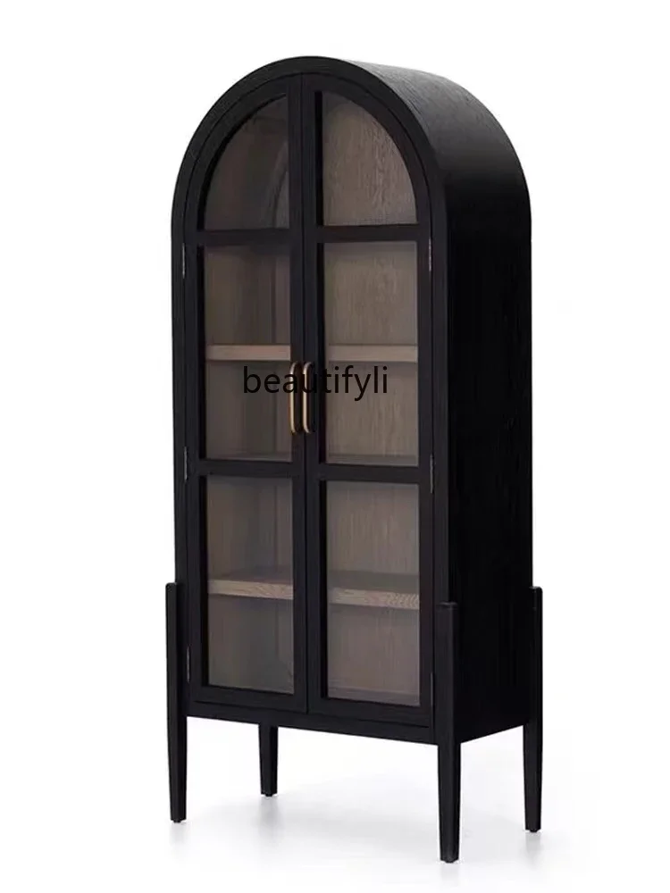 

American Arch Bookcase French Retro Locker Solid Wood Glass Door Side Cabinet Movable Bookshelf