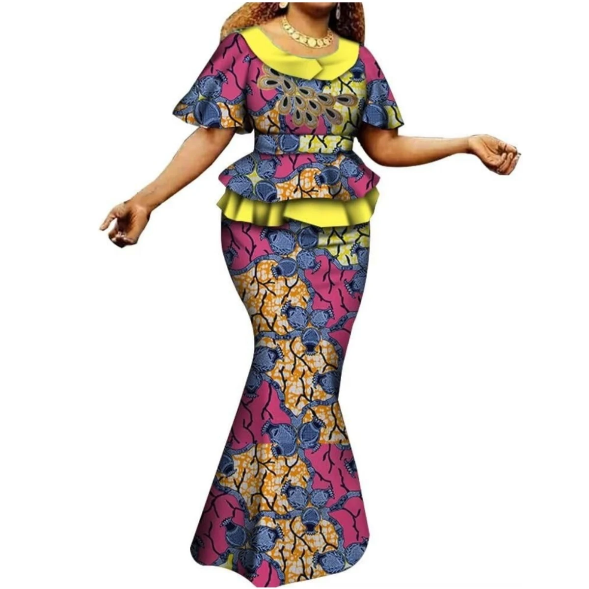 المرأة الأفريقية 2 قطعة الدعاوى مجموعة الزفاف أنقرة طباعة قصيرة الأكمام التنانير سيدة Dashiki ملابس الحفلات الملابس النيجيرية WY6402 #4