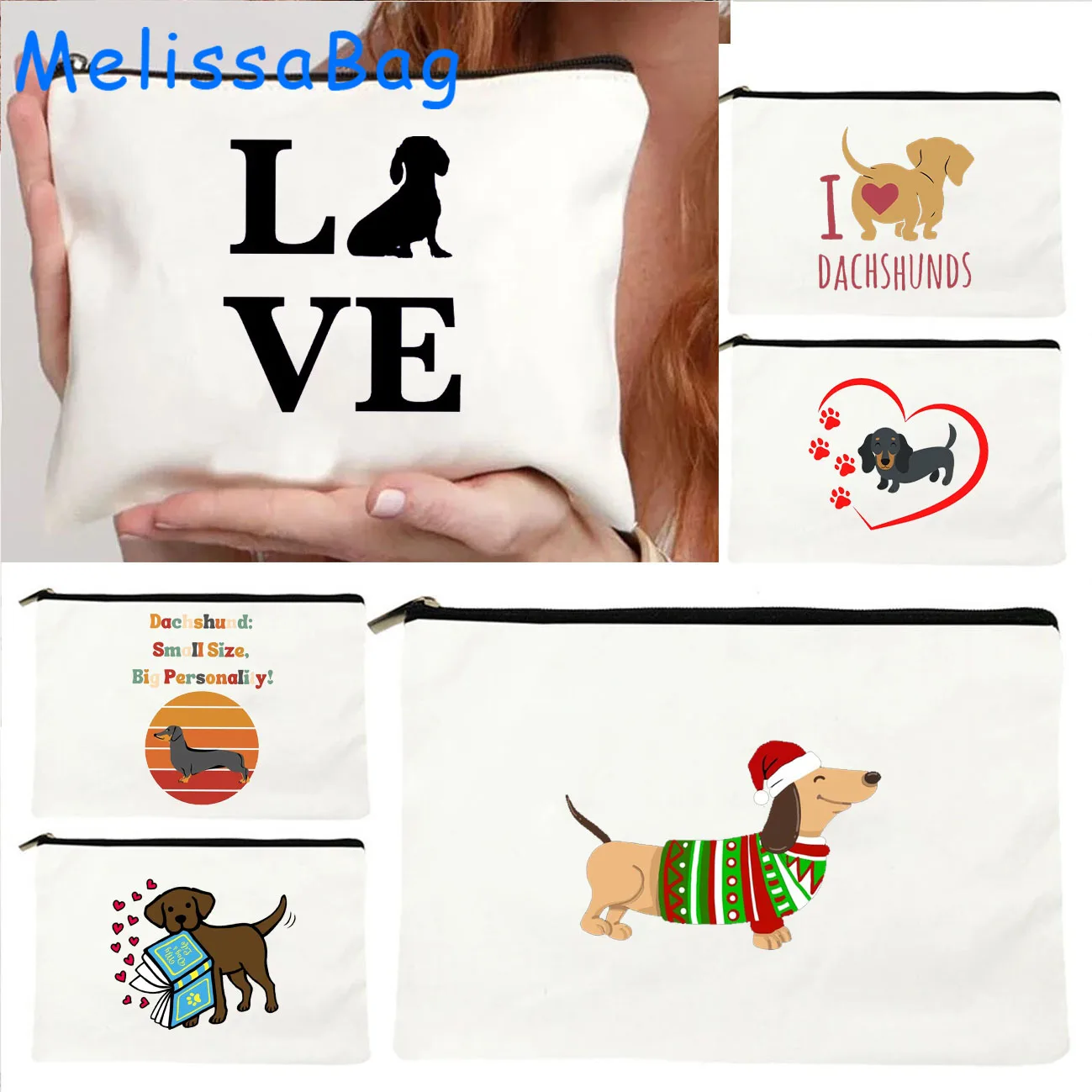 Love My Dachshunds Cute Gifts Funny Dachshund Wiener Dog Silhouette Canvas Cosmetic Makeup Toilet Bag Pencil Case Zipper Pouch