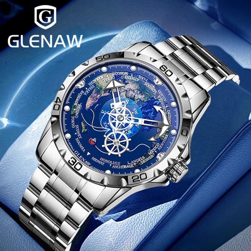 

GLENAW Design 2025 НОВЫЕ механические часы с земным циферблатом, мужские ночники из нержавеющей стали, водонепроницаемые роскошные автоматические механические часы