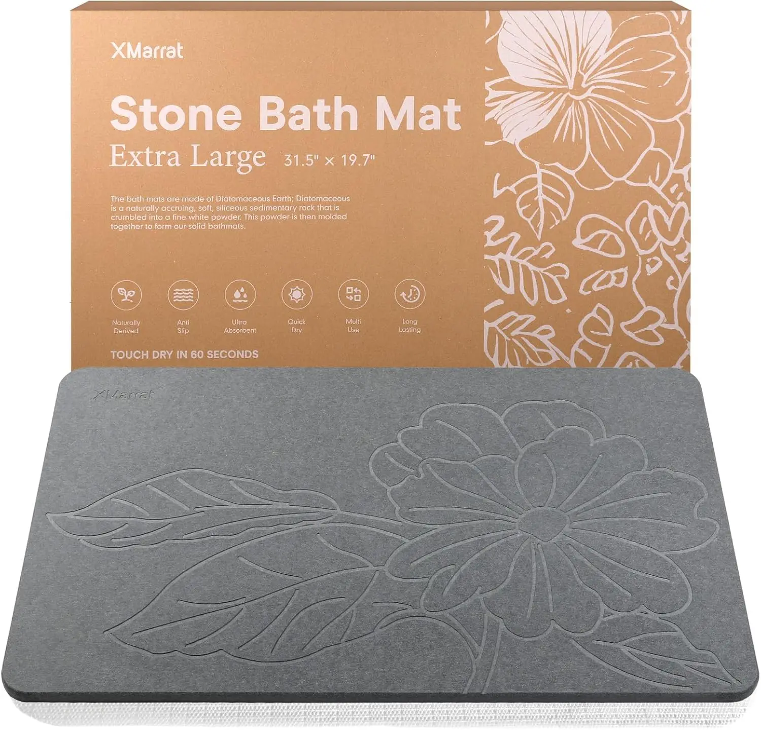 

Large Diatomite Stone Bath Mat, 31.5"x19.7", Non-Slip Quick-Dry Absorbent for Bathroom, Dark Gray